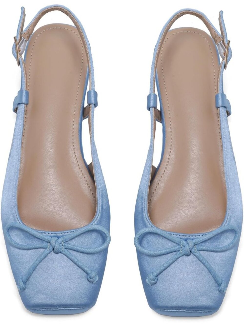 Women's Sky Blue Slingback Square Toe Bow Knit Ankle Buckle Satin Ballet Flats